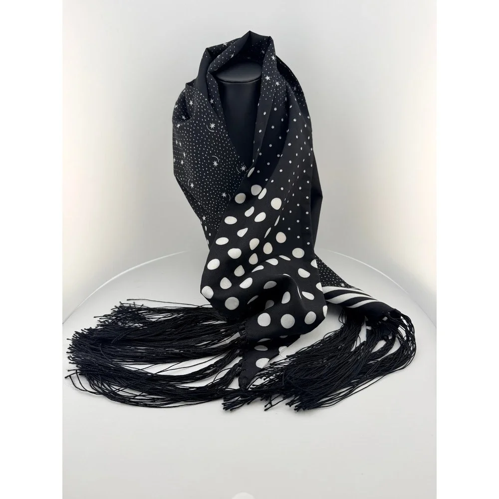 NWT Gap Skinny Scarf Black Mixed Print Celestial Stars Polka Dots Fringe Indie